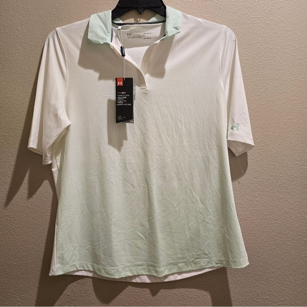 Under Armour Women's Polo White Mint Fade Heatgear Golf Sz Large NWT